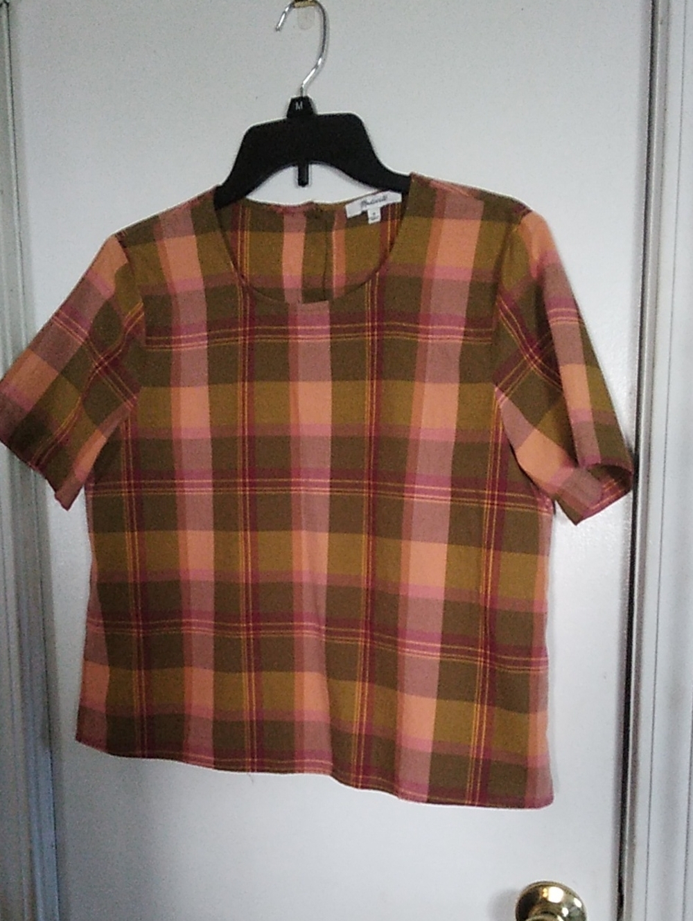 Madewell Olive & Pink Plaid Short Sleeve Top